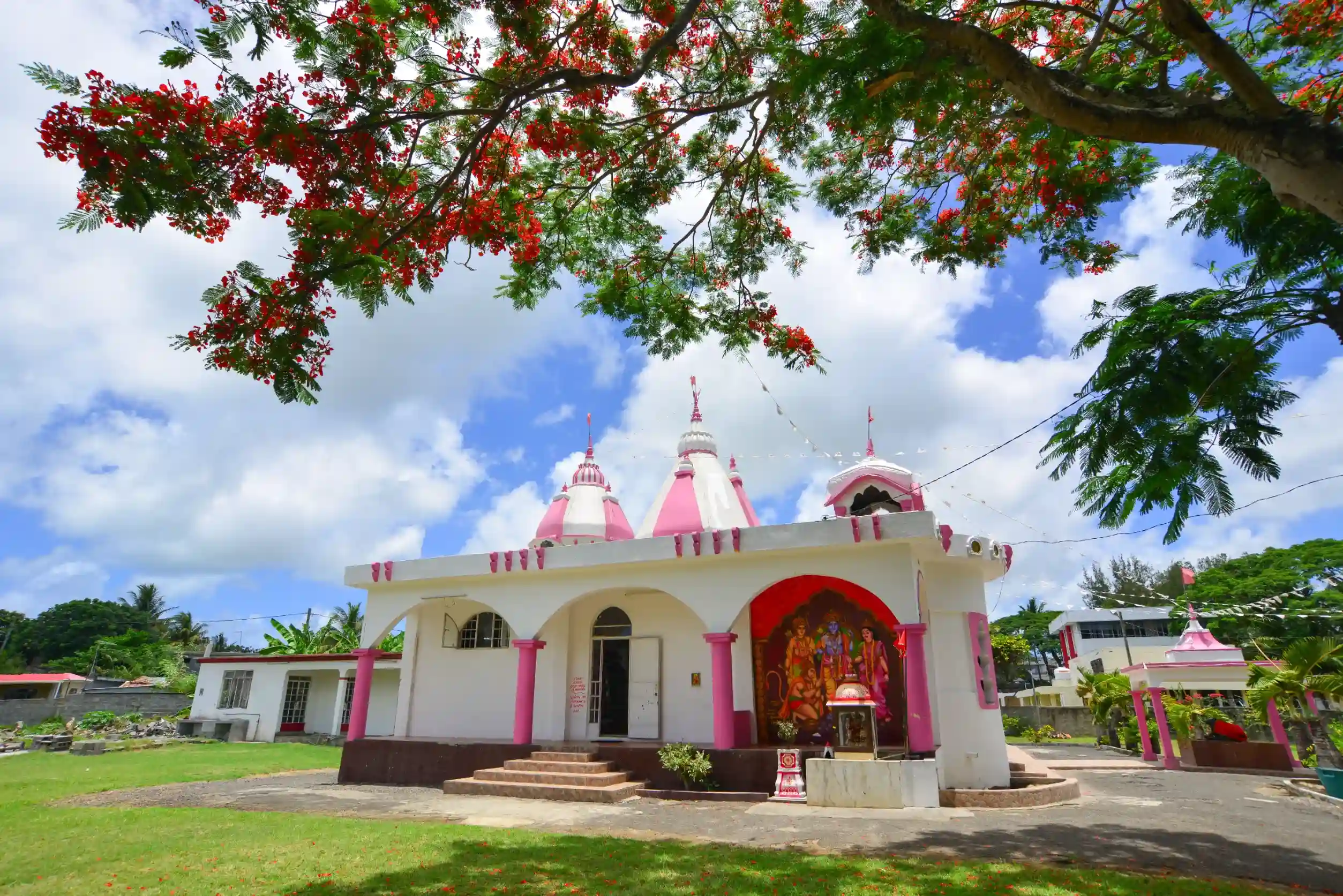 hindu temple with flamboyant tree in port louis mauritius