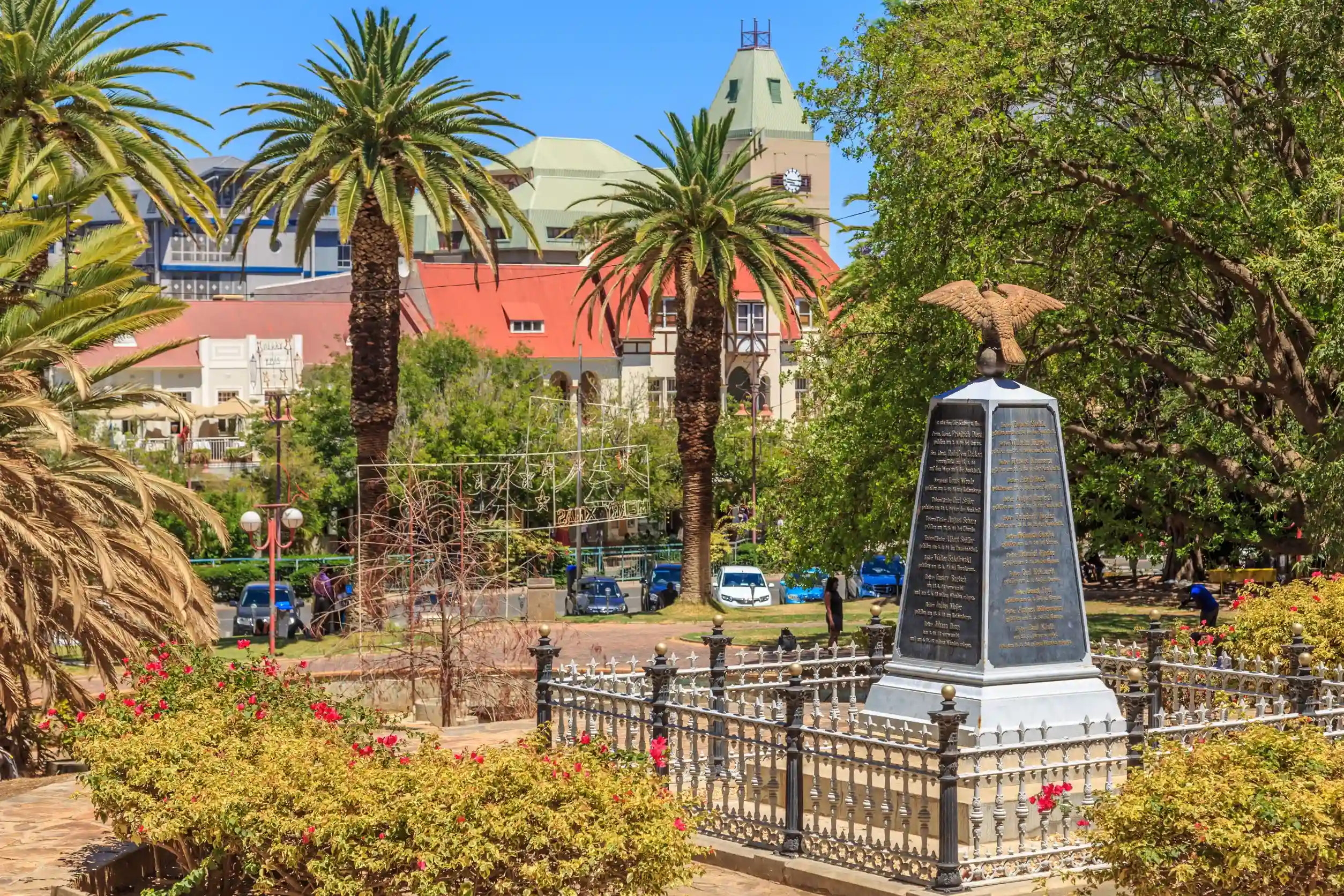 palms and war memorial in the central park of windhoek namibia