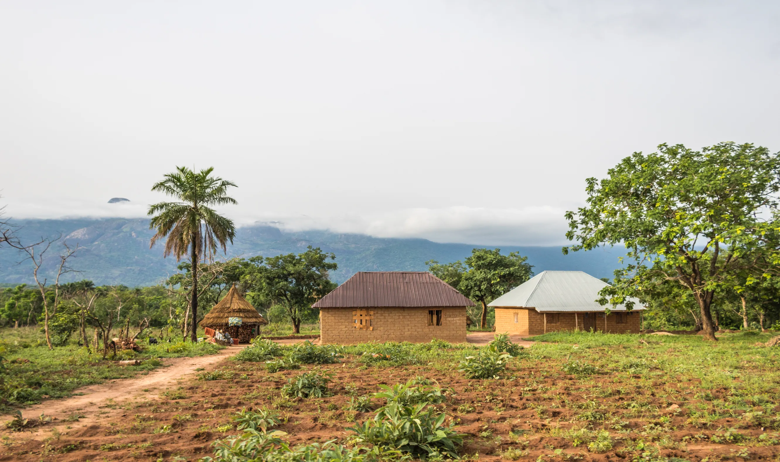 rural dwelling of villages with a beautiful picturesque cloud capped mountain