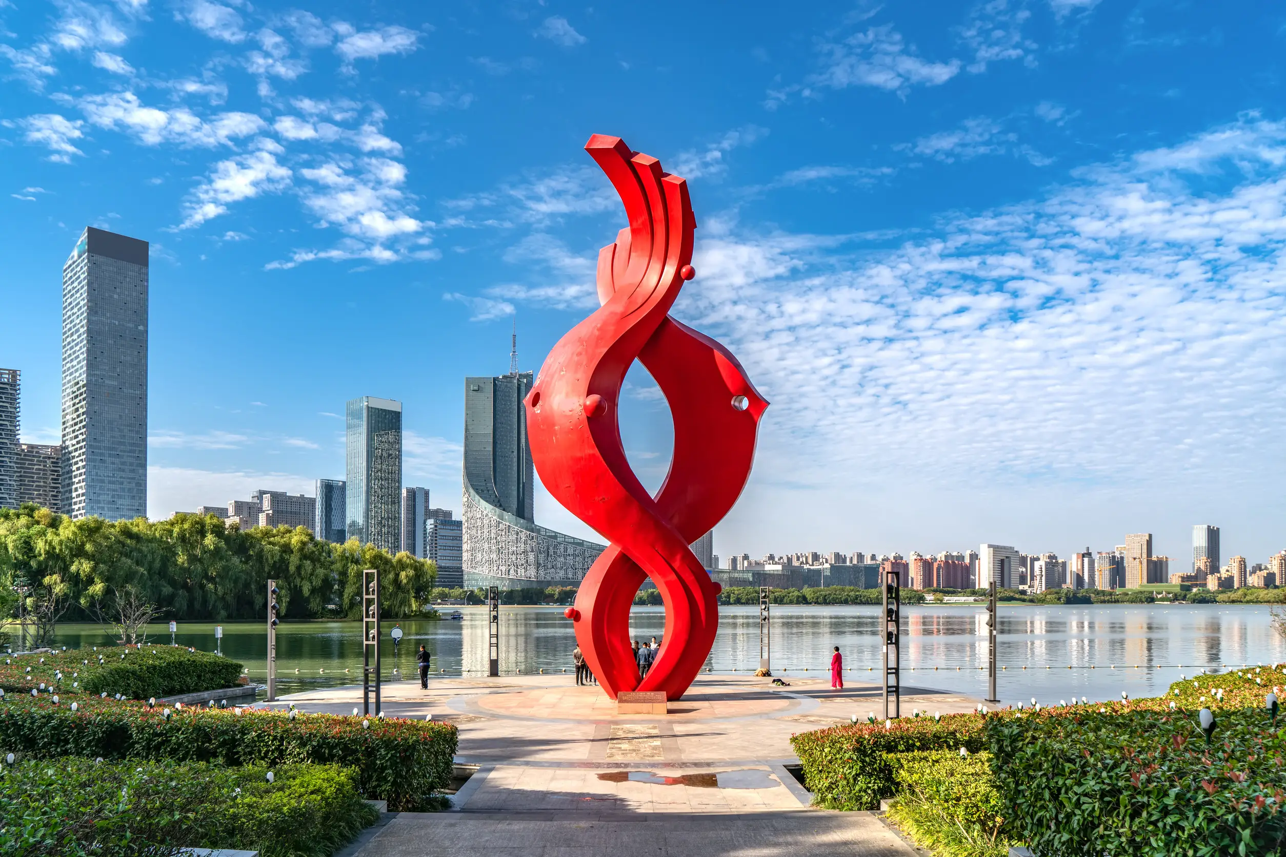 swan lake fish and water sculpture architecture landscape in hefei city